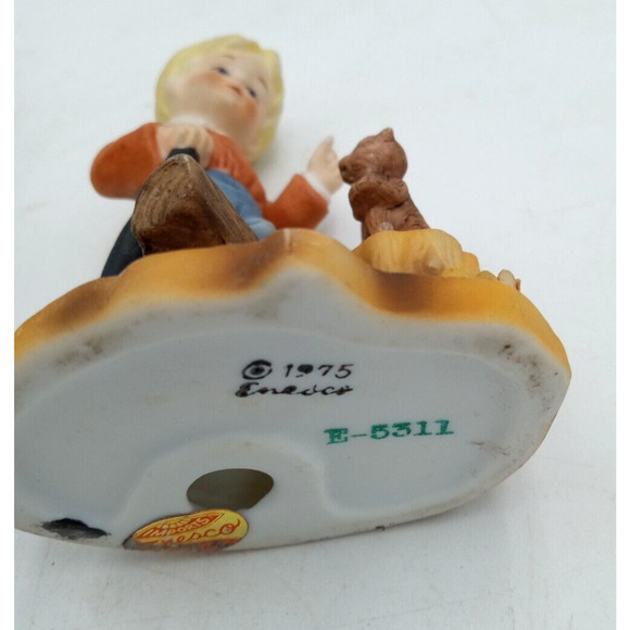 Vintage 1975 Enesco Girl Basket Corn & Cat and Boy Chopping Wood Figurine E-5311 - Picture 8 of 8